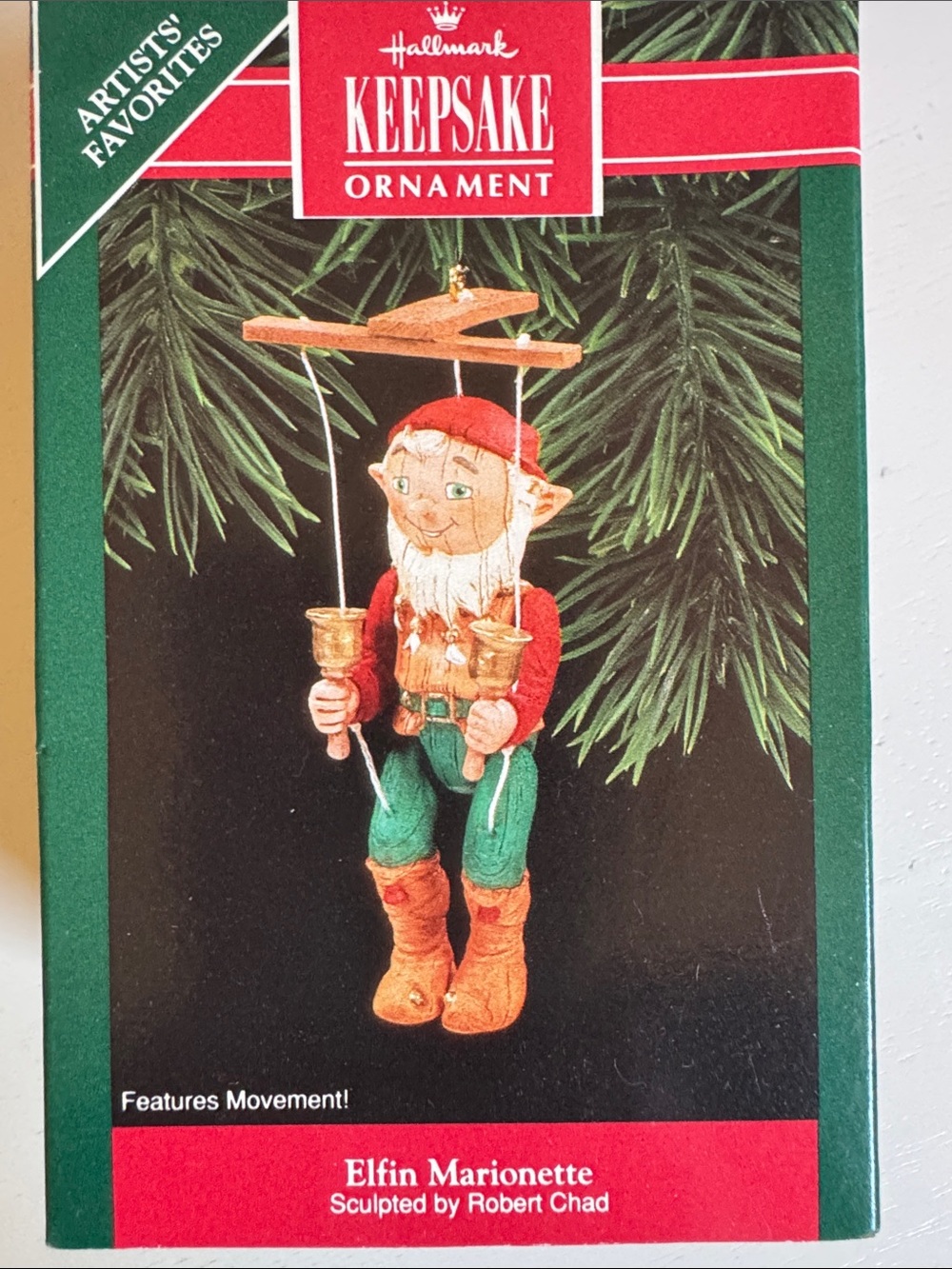 Hallmark Bell Ringer Wooden Elf Marionette Vintage Christmas Ornament